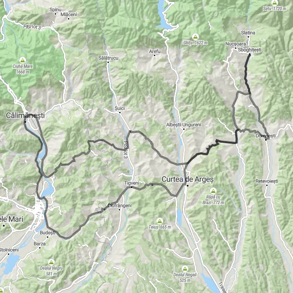 Map miniature of "The Mountain Adventure" cycling inspiration in Sud-Vest Oltenia, Romania. Generated by Tarmacs.app cycling route planner