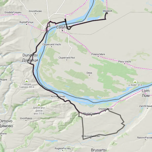 Map miniature of "Historical Road to Vidin" cycling inspiration in Sud-Vest Oltenia, Romania. Generated by Tarmacs.app cycling route planner