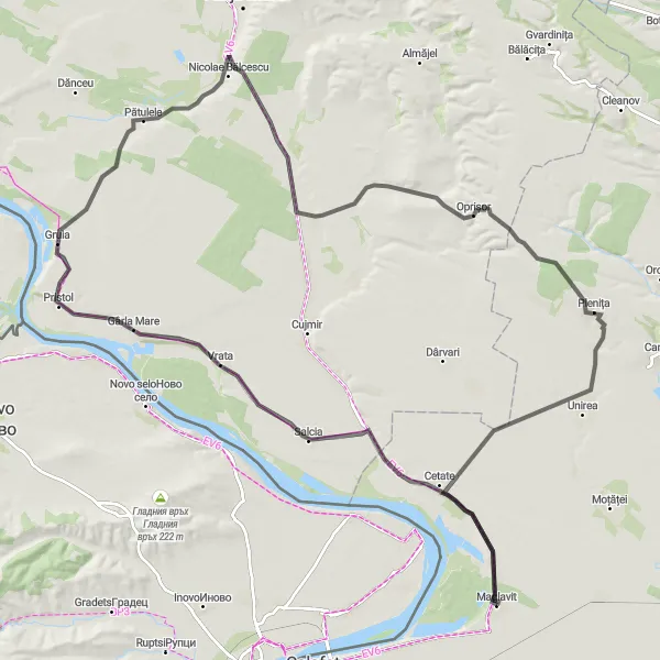 Map miniature of "Maglavit Hill Challenge" cycling inspiration in Sud-Vest Oltenia, Romania. Generated by Tarmacs.app cycling route planner