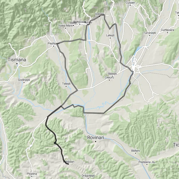 Map miniature of "Pieptani Loop" cycling inspiration in Sud-Vest Oltenia, Romania. Generated by Tarmacs.app cycling route planner