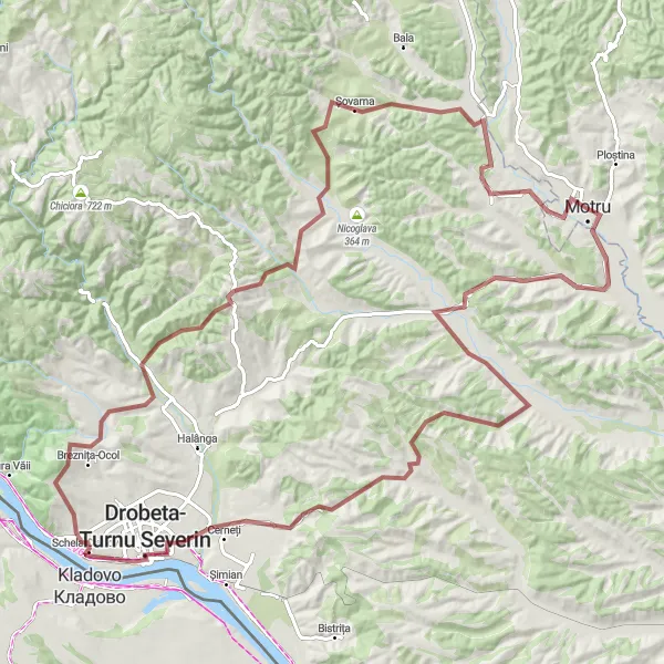 Map miniature of "Motru - Căzănești - Valea Copcii - Drobeta-Turnu Severin - Vărănic - Dealul Șindrilei - Lupoaia Route" cycling inspiration in Sud-Vest Oltenia, Romania. Generated by Tarmacs.app cycling route planner