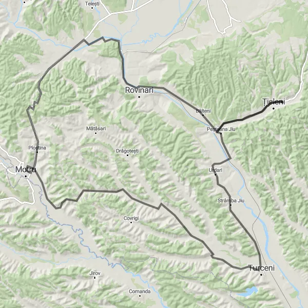 Map miniature of "Motru - Rovinari - Țicleni - Cocoreni - Turceni - Însurăței - Motru Grand Loop" cycling inspiration in Sud-Vest Oltenia, Romania. Generated by Tarmacs.app cycling route planner