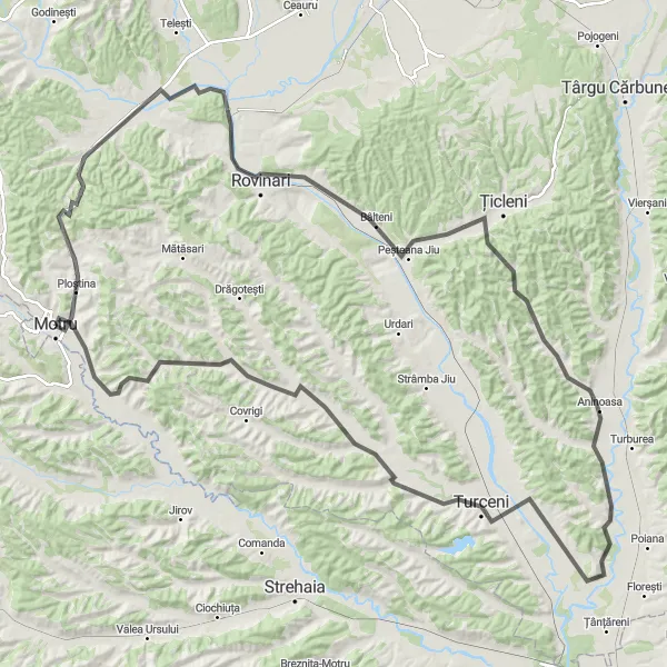 Map miniature of "Motru - Roșiuța - Rovinari - Bâlteni - Capu Dealului - Borăscu" cycling inspiration in Sud-Vest Oltenia, Romania. Generated by Tarmacs.app cycling route planner