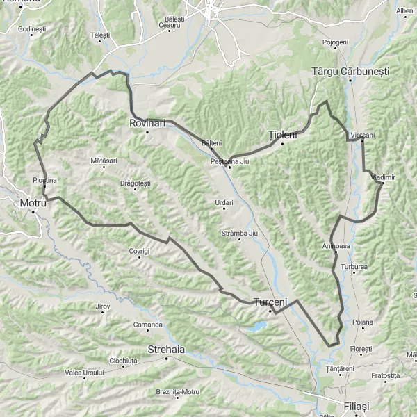 Map miniature of "Motru - Roșiuța - Țicleni - Capu Dealului - Turceni" cycling inspiration in Sud-Vest Oltenia, Romania. Generated by Tarmacs.app cycling route planner