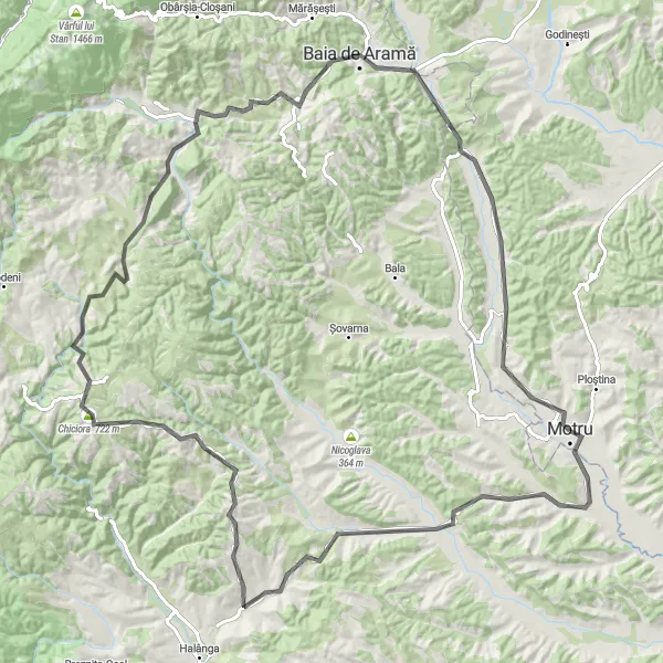 Map miniature of "Motru - Meriș - Cocorova - La Petroi - Bâlvănești - Cornetul Bălții - Balta - Dealul Dochiciului" cycling inspiration in Sud-Vest Oltenia, Romania. Generated by Tarmacs.app cycling route planner
