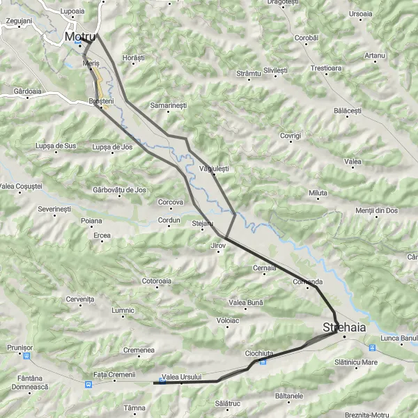 Map miniature of "Motru - Strehaia - Valea Ursului - Comanda - Meriș" cycling inspiration in Sud-Vest Oltenia, Romania. Generated by Tarmacs.app cycling route planner