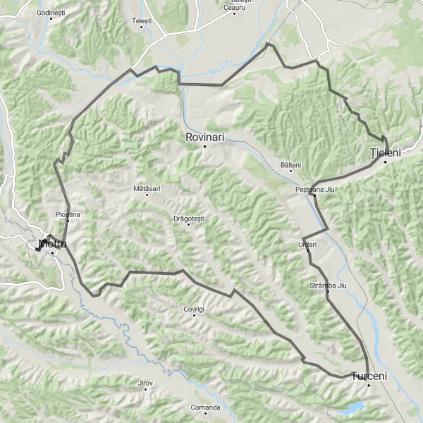 Map miniature of "Motru - Țicleni - Turceni Route" cycling inspiration in Sud-Vest Oltenia, Romania. Generated by Tarmacs.app cycling route planner