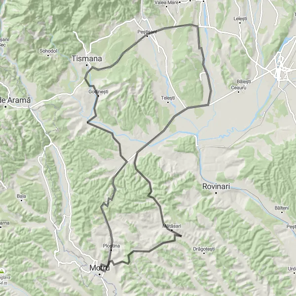 Map miniature of "Motru - Roșiuța - Câlcești - Peștișani - Câmpofeni - Miculești Route" cycling inspiration in Sud-Vest Oltenia, Romania. Generated by Tarmacs.app cycling route planner