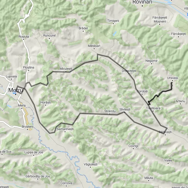 Map miniature of "Motru - Miculești - Mătăsari - Însurăței Round Trip" cycling inspiration in Sud-Vest Oltenia, Romania. Generated by Tarmacs.app cycling route planner