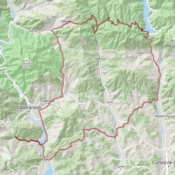 Map miniature of "Muereasca Gravel Adventure" cycling inspiration in Sud-Vest Oltenia, Romania. Generated by Tarmacs.app cycling route planner