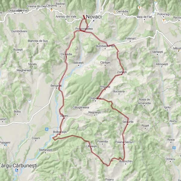 Map miniature of "The Zorlești Gravel Experience" cycling inspiration in Sud-Vest Oltenia, Romania. Generated by Tarmacs.app cycling route planner