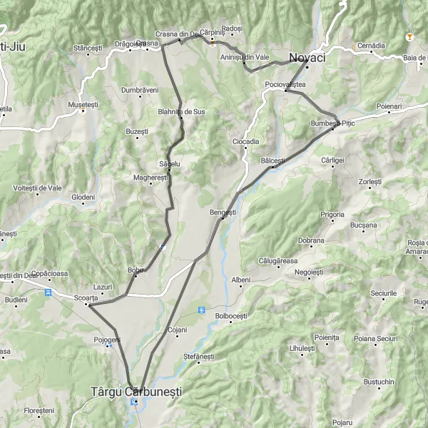 Map miniature of "Bumbești-Pițic Loop" cycling inspiration in Sud-Vest Oltenia, Romania. Generated by Tarmacs.app cycling route planner