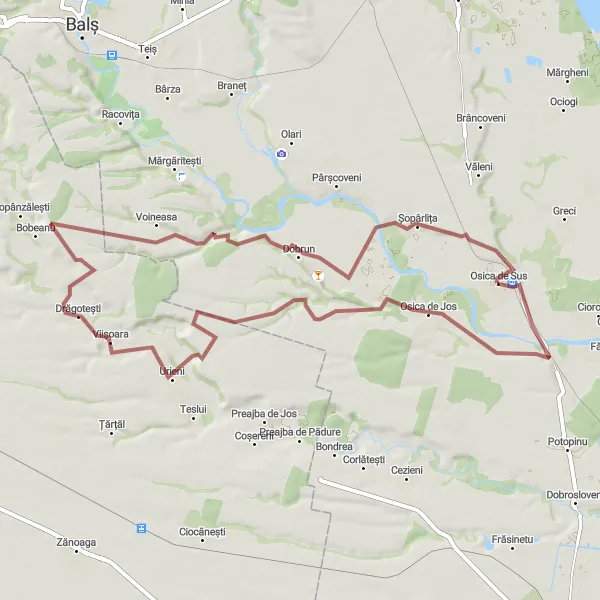 Map miniature of "Șopârlița Gravel Adventure" cycling inspiration in Sud-Vest Oltenia, Romania. Generated by Tarmacs.app cycling route planner