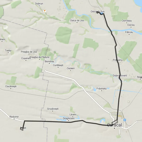 Map miniature of "Osica de Sus Exploration" cycling inspiration in Sud-Vest Oltenia, Romania. Generated by Tarmacs.app cycling route planner