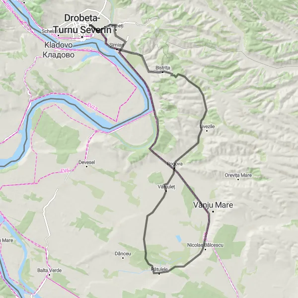 Map miniature of "Sud-Vest Oltenia Cycling Route 1" cycling inspiration in Sud-Vest Oltenia, Romania. Generated by Tarmacs.app cycling route planner