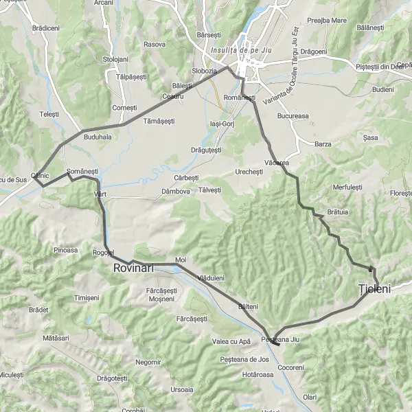 Map miniature of "Bălești Round-Trip" cycling inspiration in Sud-Vest Oltenia, Romania. Generated by Tarmacs.app cycling route planner