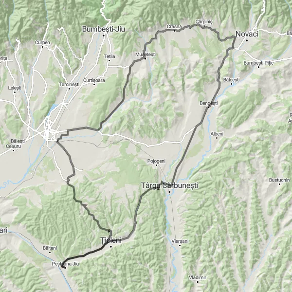 Map miniature of "Drăgoeni Loop" cycling inspiration in Sud-Vest Oltenia, Romania. Generated by Tarmacs.app cycling route planner