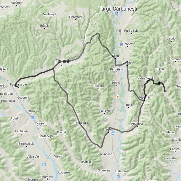 Map miniature of "Vladimir and Andreești Circuit" cycling inspiration in Sud-Vest Oltenia, Romania. Generated by Tarmacs.app cycling route planner