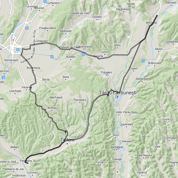 Map miniature of "Scoarța & Bengești Challenge" cycling inspiration in Sud-Vest Oltenia, Romania. Generated by Tarmacs.app cycling route planner