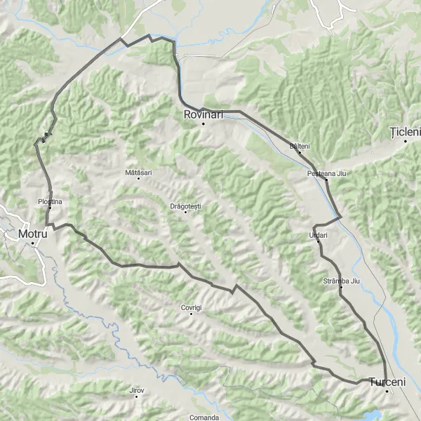 Map miniature of "Calapăru & Câlnic Extension" cycling inspiration in Sud-Vest Oltenia, Romania. Generated by Tarmacs.app cycling route planner