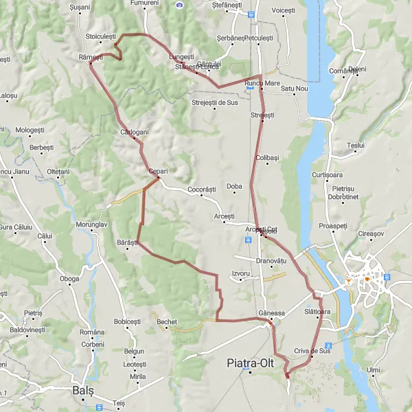 Map miniature of "Piatra-Galbeni-Ghelința-Busicioace-Criristeni-Olari" cycling inspiration in Sud-Vest Oltenia, Romania. Generated by Tarmacs.app cycling route planner