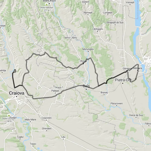 Map miniature of "Balș to Criva de Sus" cycling inspiration in Sud-Vest Oltenia, Romania. Generated by Tarmacs.app cycling route planner