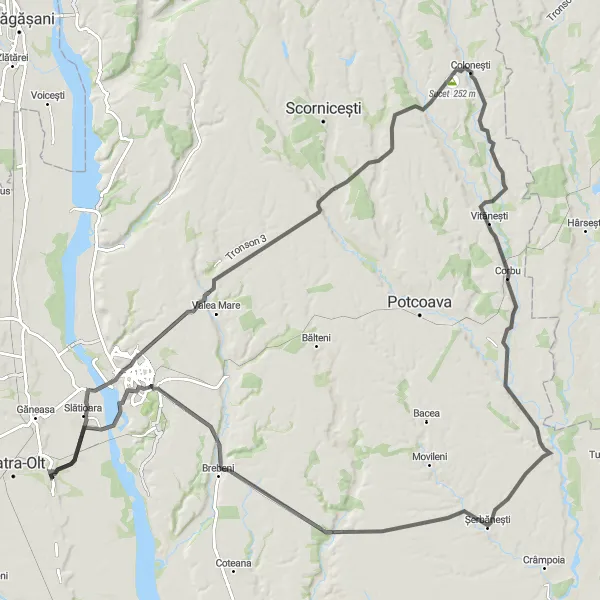 Map miniature of "Piatra to Jitaru" cycling inspiration in Sud-Vest Oltenia, Romania. Generated by Tarmacs.app cycling route planner