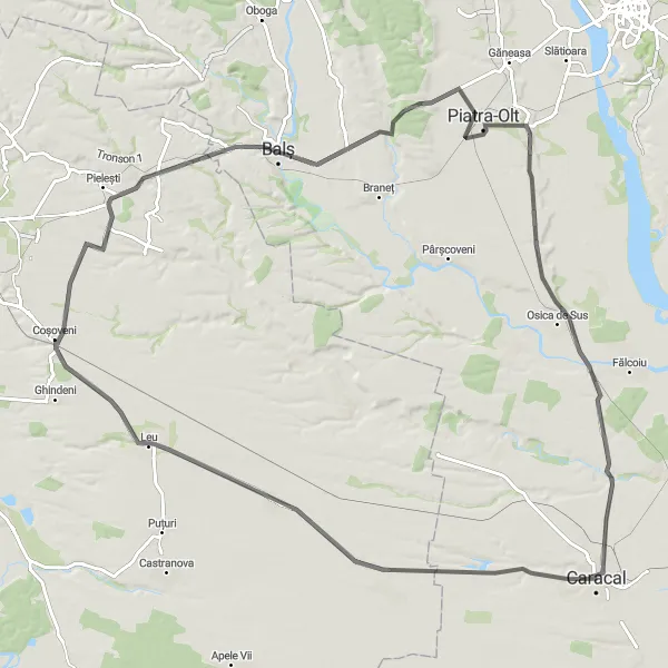 Map miniature of "Piatra-Porșora-Văgiulești-Oșinți-Burdusac" cycling inspiration in Sud-Vest Oltenia, Romania. Generated by Tarmacs.app cycling route planner