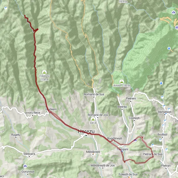 Map miniature of "Horezu and Vaideeni Gravel Adventure" cycling inspiration in Sud-Vest Oltenia, Romania. Generated by Tarmacs.app cycling route planner