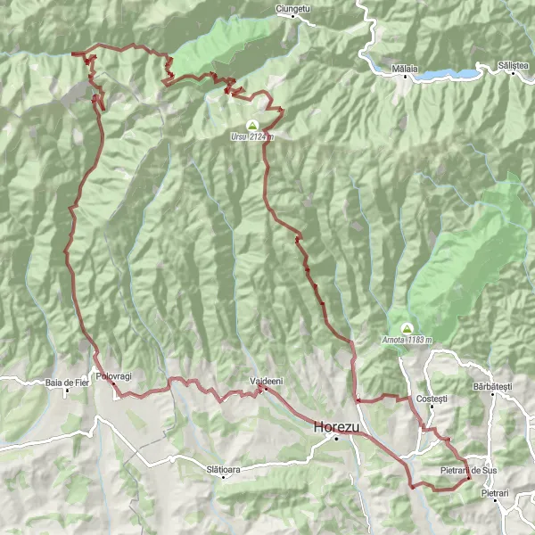 Map miniature of "The Ultimate Gravel Challenge" cycling inspiration in Sud-Vest Oltenia, Romania. Generated by Tarmacs.app cycling route planner