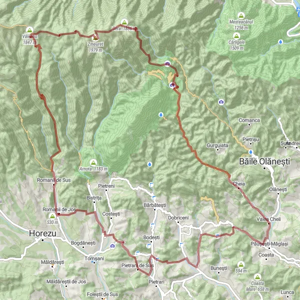 Map miniature of "The Gravel Challenge" cycling inspiration in Sud-Vest Oltenia, Romania. Generated by Tarmacs.app cycling route planner