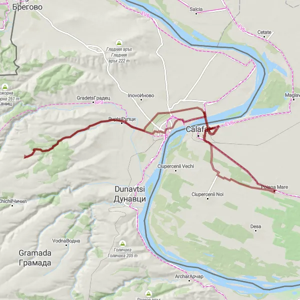 Map miniature of "Gravel Challenge: Baba Vida and Ruptsi" cycling inspiration in Sud-Vest Oltenia, Romania. Generated by Tarmacs.app cycling route planner