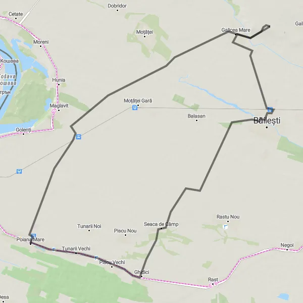 Map miniature of "Road Adventure: Băilești and Seaca de Câmp" cycling inspiration in Sud-Vest Oltenia, Romania. Generated by Tarmacs.app cycling route planner