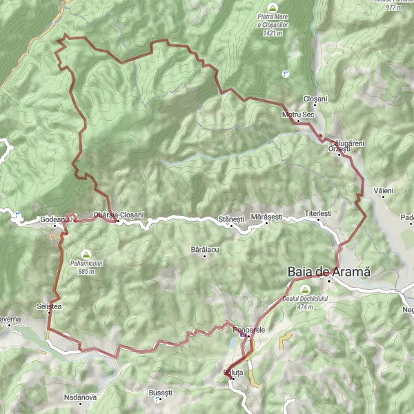 Map miniature of "The Mountainous Gravel Adventure" cycling inspiration in Sud-Vest Oltenia, Romania. Generated by Tarmacs.app cycling route planner