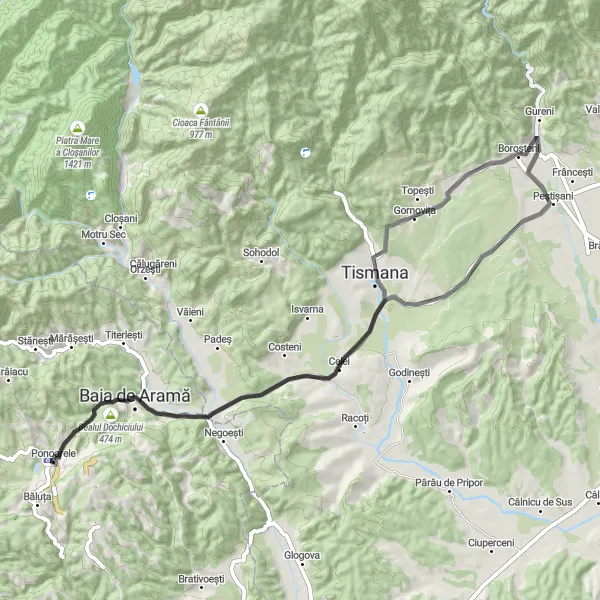 Map miniature of "The Cultural Road Trip" cycling inspiration in Sud-Vest Oltenia, Romania. Generated by Tarmacs.app cycling route planner