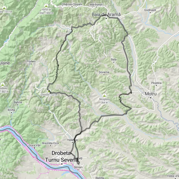 Map miniature of "The Cocorova Road Expedition" cycling inspiration in Sud-Vest Oltenia, Romania. Generated by Tarmacs.app cycling route planner