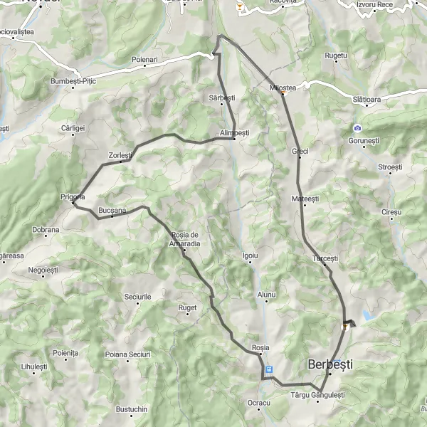 Map miniature of "Road Cycling Tour to Valea Mare" cycling inspiration in Sud-Vest Oltenia, Romania. Generated by Tarmacs.app cycling route planner