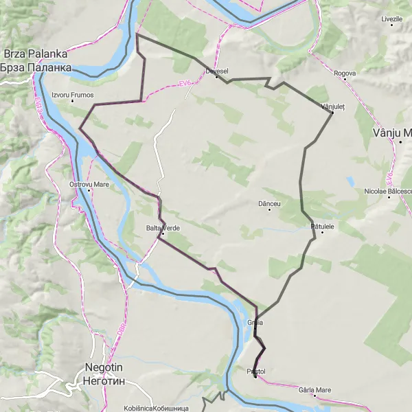 Map miniature of "Gruia Loop" cycling inspiration in Sud-Vest Oltenia, Romania. Generated by Tarmacs.app cycling route planner