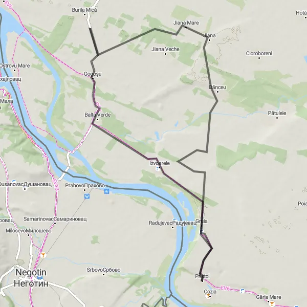 Map miniature of "Gruia Loop" cycling inspiration in Sud-Vest Oltenia, Romania. Generated by Tarmacs.app cycling route planner