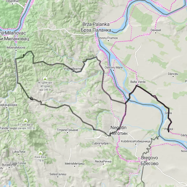 Map miniature of "Gruia to Vidikovac I" cycling inspiration in Sud-Vest Oltenia, Romania. Generated by Tarmacs.app cycling route planner