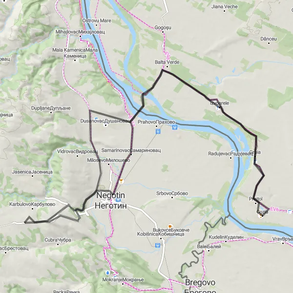 Map miniature of "Gruia - Milosevo Adventure" cycling inspiration in Sud-Vest Oltenia, Romania. Generated by Tarmacs.app cycling route planner