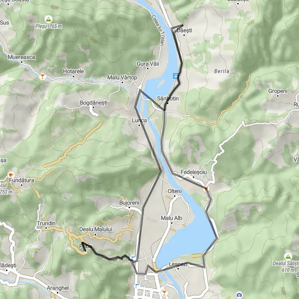 Map miniature of "Olteni and Priba Loop" cycling inspiration in Sud-Vest Oltenia, Romania. Generated by Tarmacs.app cycling route planner