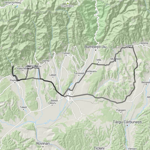 Map miniature of "Scoarța and Insulița de pe Jiu Scenic Ride" cycling inspiration in Sud-Vest Oltenia, Romania. Generated by Tarmacs.app cycling route planner