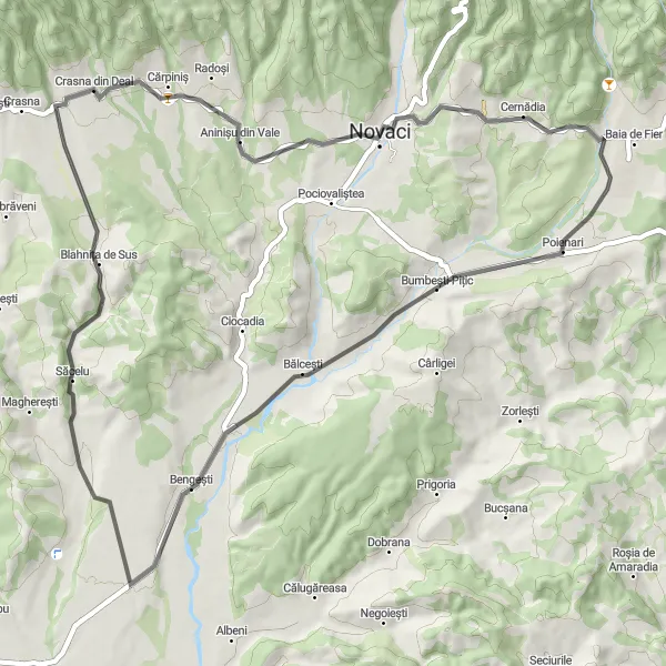Map miniature of "Crasna din Deal Loop" cycling inspiration in Sud-Vest Oltenia, Romania. Generated by Tarmacs.app cycling route planner