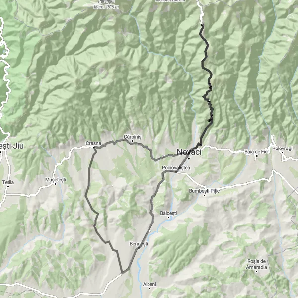 Map miniature of "Crasna Circuit - Road" cycling inspiration in Sud-Vest Oltenia, Romania. Generated by Tarmacs.app cycling route planner