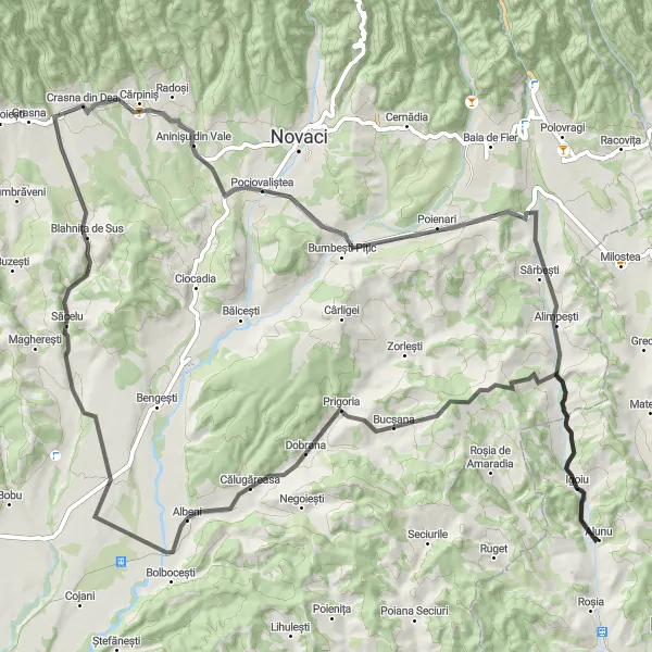 Map miniature of "Crasna din Deal and Albeni Loop" cycling inspiration in Sud-Vest Oltenia, Romania. Generated by Tarmacs.app cycling route planner