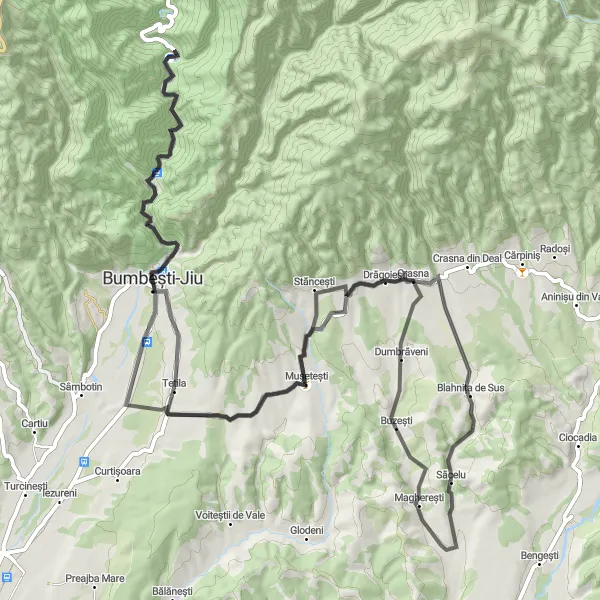 Map miniature of "Buzești Loop - Road" cycling inspiration in Sud-Vest Oltenia, Romania. Generated by Tarmacs.app cycling route planner