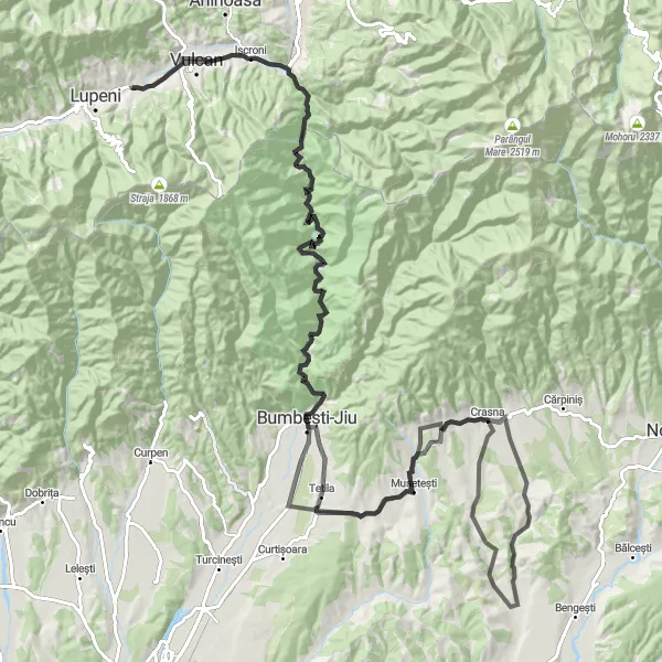 Map miniature of "Mușetești and Vârtop Loop" cycling inspiration in Sud-Vest Oltenia, Romania. Generated by Tarmacs.app cycling route planner