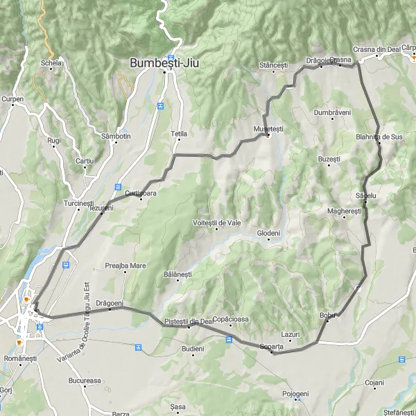 Map miniature of "Scoarța Circuit - Road" cycling inspiration in Sud-Vest Oltenia, Romania. Generated by Tarmacs.app cycling route planner