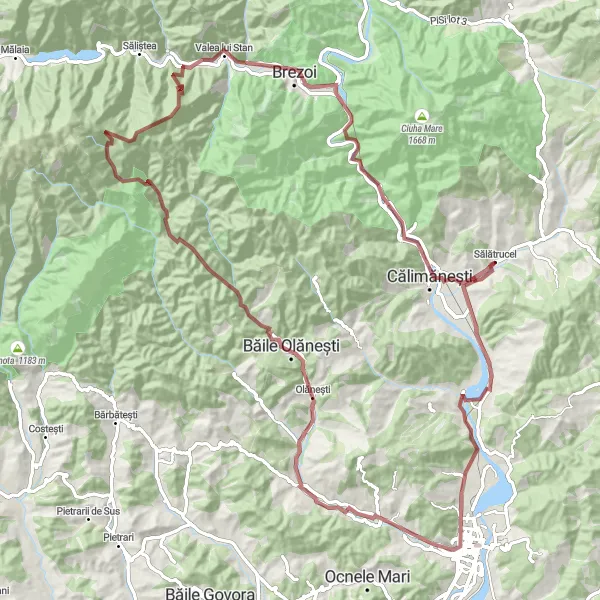 Map miniature of "The Stogu Mountain Gravel Epic" cycling inspiration in Sud-Vest Oltenia, Romania. Generated by Tarmacs.app cycling route planner